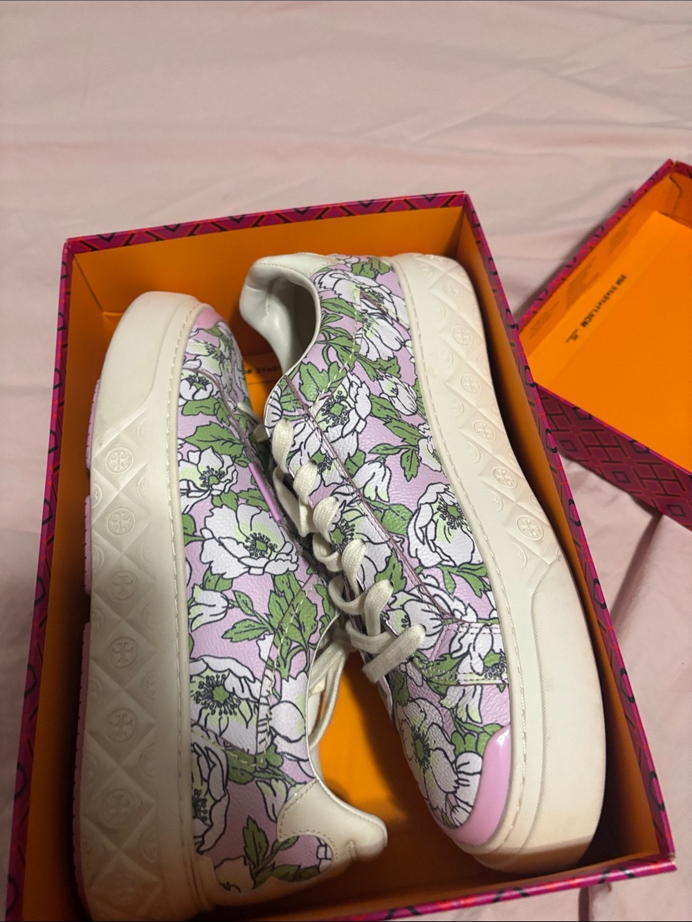 Tory Burch Floral Canvas Low-Top Sneakers in Lilac, White and Green